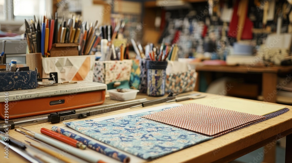 Poster a cutting table with fabric patterns and precision tools.
