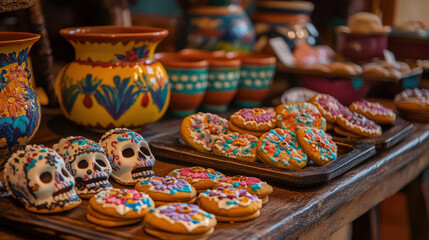 Fototapeta premium A beautifully lit bakery display showcasing colorful Day of the Dead cookies, including skulls and floral designs, neatly arranged with traditional Mexican pottery in the background