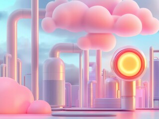 A whimsical, pastel-colored industrial scene featuring fluffy pink clouds and stylized pipes with a glowing orange light.