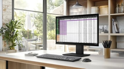 A desktop monitor displaying a spreadsheet, surrounded by a clean, organized workspace.