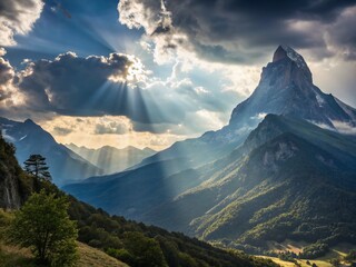 Majestic Mountain Peak Sun Rays Dramatic Cloudscape Landscape Photography