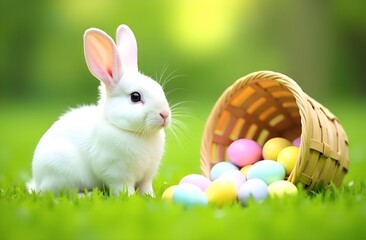 Fototapeta premium A cute white rabbit on the young grass, next to an overturned basket with pastel Easter eggs. Easter.