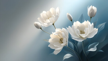 Obraz premium Delicate white flowers with intricate petals blooming gracefully, set against a soft gradient blue background