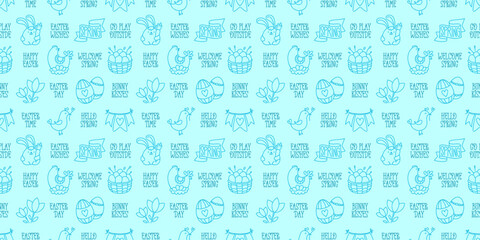 Easter hand-drawn doodle and lettering seamless pattern. Cute color monochrome spring symbols chickens, rabbits, eggs and flowers and short festive phrases