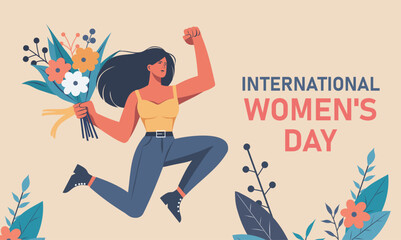  International Women's Day, Equality Day, Women's Month. Strong woman with flowers jumping with happiness on the background of flowers, symbol of freedom and empowerment of women. Vector illustration