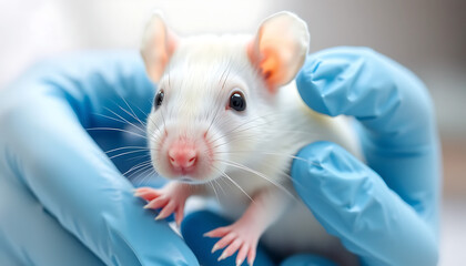 Care and Precision A Close-Up of a White Lab Mouse in Blue Gloved Hands