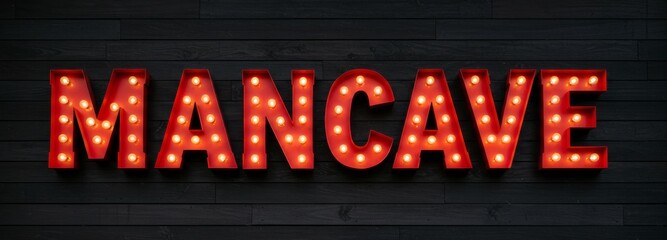 Bold neon mancave sign glowing in red against a sleek dark wooden wall