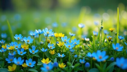 Fototapeta premium A lush carpet of cyanthillium cinereum in shades of blue and yellow with delicate stems hanging from a grass-like plant, foliage, spring, crab spider
