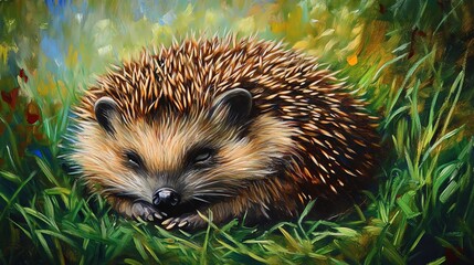 Fototapeta premium A cute hedgehog curled up in soft green grass, showcasing its distinctive spines and adorable facial features, perfect for nature lovers and wildlife enthusiasts.