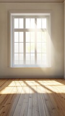 Bright sunlight streaming through classic white framed window creates geometric shadow patterns on natural wooden flooring in empty minimalist room with beige walls.