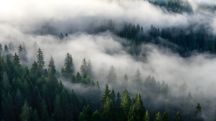 A dense forest shrouded in mist, seen from above. Tall pine trees stand amidst a sea of lush, verdant colors