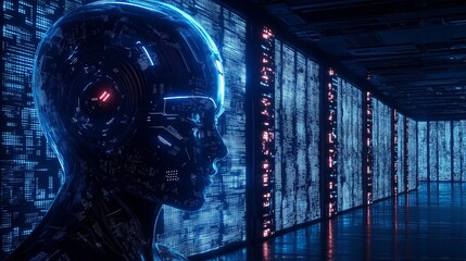 Humanoid robot analyzing data flow inside a server room