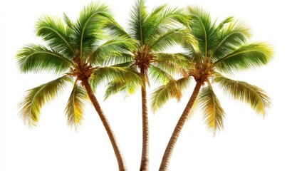 Three Vibrant Coconut Palm Trees Isolated on White Background, Tropical Island Nature, Summer Vacation Concept, Exotic Flora Photography, Generative AI