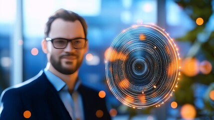 Businessman analyzing futuristic glowing spiral of binary code representing digitalization