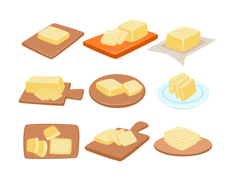 Set of sliced butter collection, pieces of butter, margarine, spreads on a wooden cutting board and on a plate, Butter as Dairy Product Made of Milk or Cream, vector illustration, isolated objects.