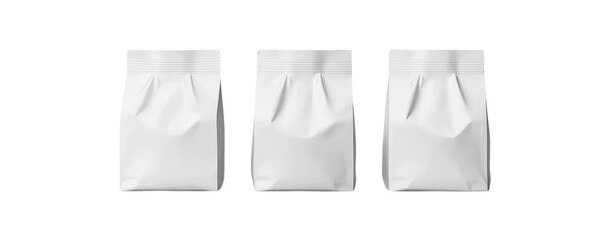 Three white paper bags neatly arranged. Front view of three blank white coffee bags with sealed tops, isolated on a white background, ideal for branding, packaging, and product mockups.