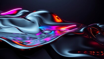 A surreal abstract composition of liquid metal waves in chrome and dark graphite, reflecting fragmented neon lights in colors like magenta, cyan, and amber, creating an ultra-modern, futuristic vibe