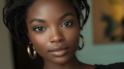 Naklejka premium Beautiful young black woman with braids and golden earrings posing in a studio