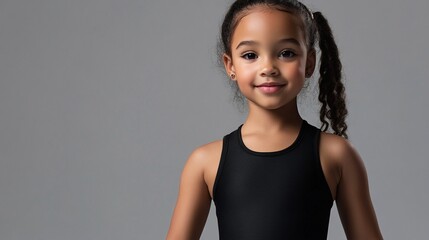 Portrait of a young dancer in black leotard against grey background, radiating confidence and joy through bright smile and perfect posture, capturing innocence and grace in studio setting.