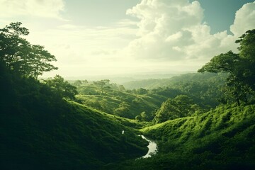 Obraz premium Rolling green hills stretch across the landscape, interspersed with a gentle stream. Bright clouds hover above, creating a peaceful morning atmosphere in a tropical setting.