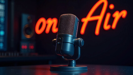 A close-up of a sleek, modern podcast microphone in a vibrant recording studio, with glowing On Air sign in the background