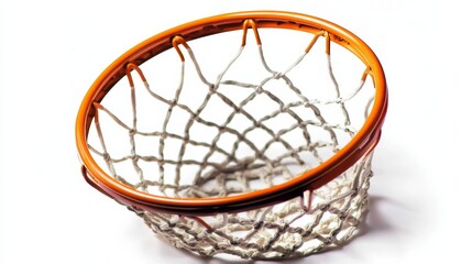 A close-up of a basketball and hoop net on a white isolated background