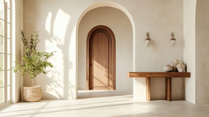 Sunlit Minimalist Hallway With Arched Doorways, Wooden Bench, Potted Plant, And Wall Sconces. Peaceful And Serene Atmosphere.
