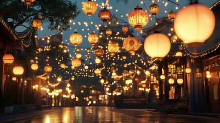 Chinese Lanterns Glowing Brightly in a Festive Town