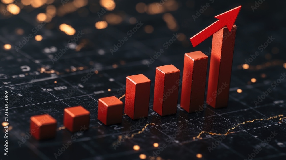 Poster a falling bar graph on a dark background with a red arrow pointing downward, symbolizing economic de