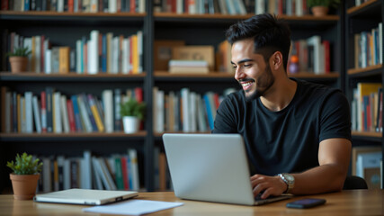A smiling young man engages with his laptop in a cozy library setting filled with books.
