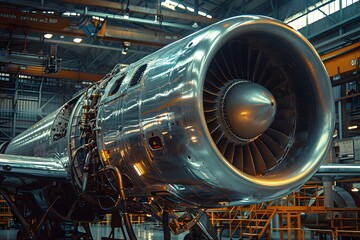 Inside a spacious aircraft maintenance facility, a polished modern jet engine is closely examined