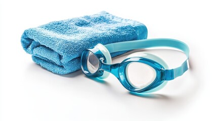A set of swimming goggles, a swim cap, and a towel on a white isolated background