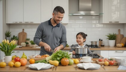 A modern kitchen where a couple prepares dinner together, with the man chopping vegetables and the woman stirring a pot, while a child sets the table, creating a cozy family atmosphere Generative AI