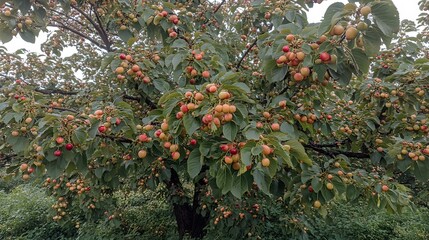Abundant Cherry Tree Branches Loaded with Ripe Red and Yellow Cherries