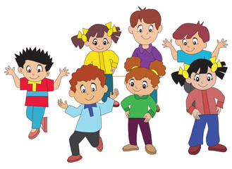 children in the park. Happy Group of Kids Boys and Girls Enjoying Fun Moments Together. Vector Illustration.
