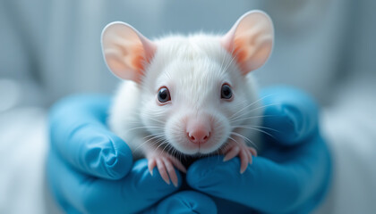 Care and Precision A Close-Up of a White Lab Mouse in Blue Gloved Hands