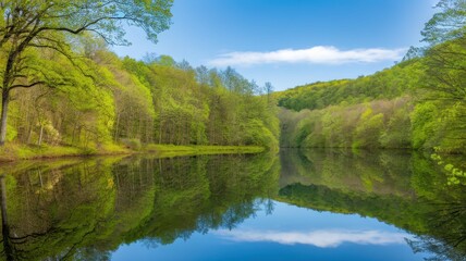 Obraz premium Serene view of a tranquil lake surrounded by lush green trees, reflecting the vibrant colors of spring under a clear blue sky.