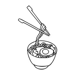 a drawing of a bowl of noodles with chopsticks