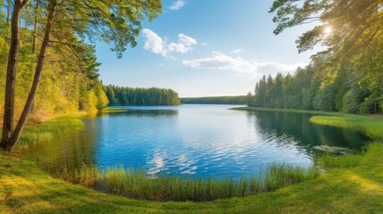 Naklejka premium Scenic lake surrounded by lush green trees on a sunny day, reflecting a clear blue sky and vibrant nature.