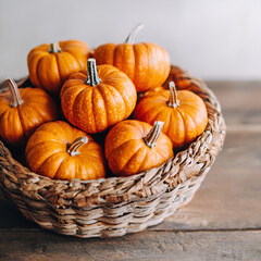 A wicker basket overflowing with small, vibrant orange pumpkins. Perfect for autumn decorations or Thanksgiving!