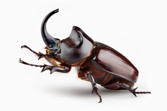 Oryctes rhinoceros, also known as coconut rhinoceros beetle, Asiatic rhinoceros beetle, and coconut palm rhinoceros beetle, isolated on white background with clapping path full of depth 