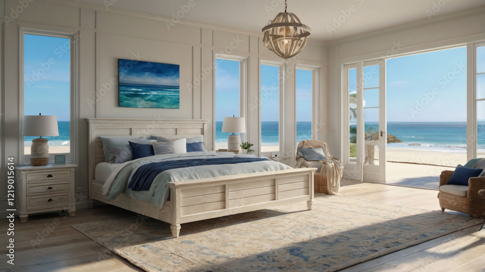 Wall mural interior of a bedroom, A breezy bedroom with whitewashed furniture, ocean-blue accents, a seashell chandelier, and large windows framing a view of the beach