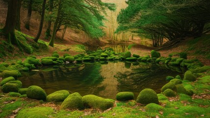 Naklejka premium A serene pond surrounded by lush green moss-covered stones in a tranquil forest setting, evoking peace and connection with nature.