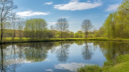 Obraz premium Serene landscape view with lush trees reflecting in calm water, showcasing the vibrant hues of spring under a clear blue sky.