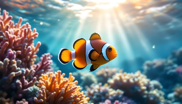  a realistic scene of a clownfish swimming through a lush coral garden at mid-day. The sunlight should be streaming down from above, illuminating the underwater environment and casting 