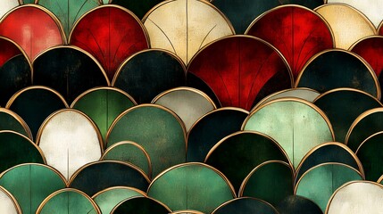 Fototapeta premium Abstract art deco scales pattern; textured design, red, green, gold; background for website, print