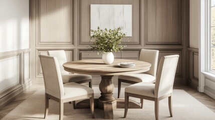 A Cozy Dining Room With A Wooden Table, Beige Chairs, And A Vase Of Greenery. Sunlight Streams In From A Nearby Window. It Has A Calm, Sophisticated Vibe.