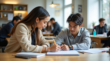 A focused study session featuring two students collaborating at a wooden table in a bright classroom.