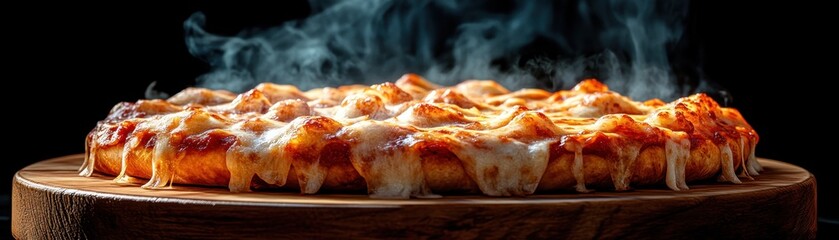 Capture the essence of culinary delight with a hot pizza on a wooden platter, steam rising, visually enticing, perfect for showcasing delicious food The bubbling cheese and rich tomato sauce make
