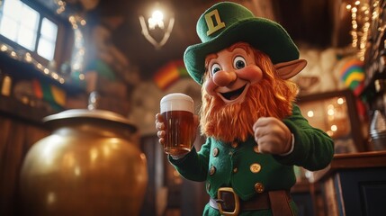 A cheerful leprechaun in a green outfit holds a pint of beer in a cozy pub setting with a golden pot in the background